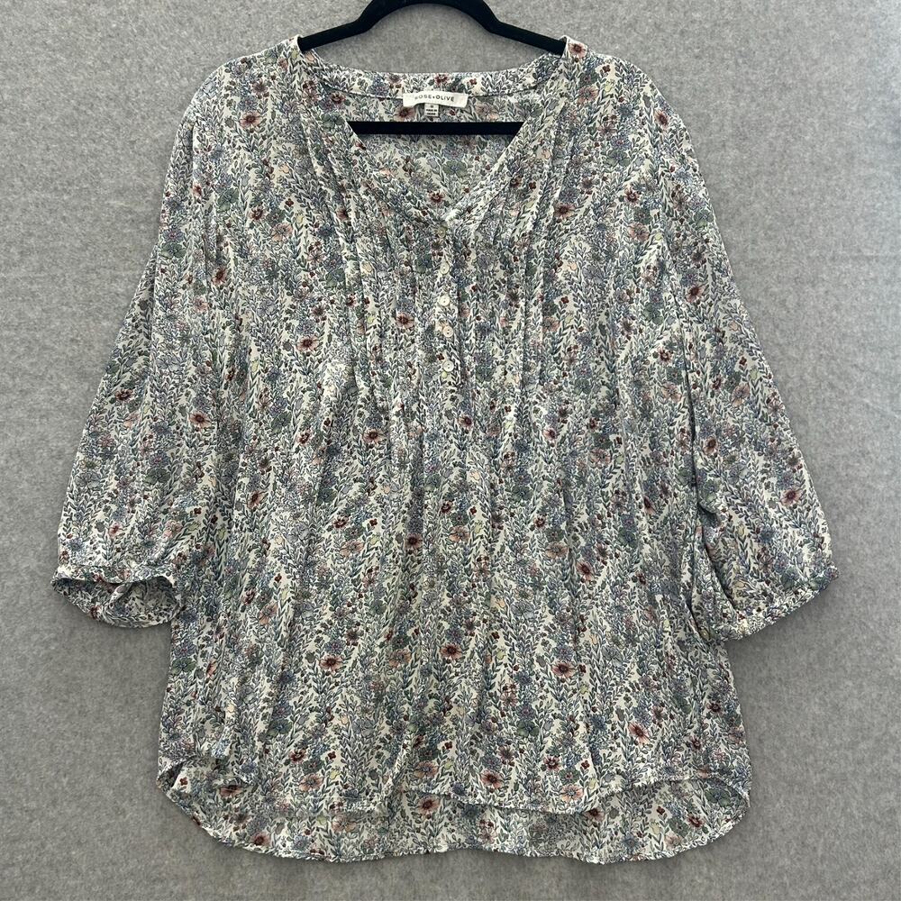 Rose & Olive Dainty Floral Popover Top Sz 1X White Blue Romantic Cottagecore